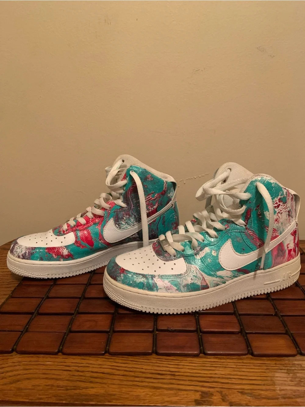 Nike Air Force 1 High Top Sneakers - Teal & Pink Paint Splatter custom dipped